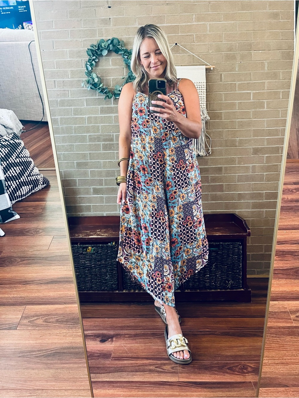 ODDY Boho Floral Spaghetti-Strap Jumpsuit - Blue, Brown, Yellow
